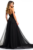 Load image into Gallery viewer, Black A Line Long Tulle Strapless Beaded Formal Dress