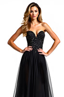 Load image into Gallery viewer, Black A Line Long Tulle Strapless Beaded Formal Dress