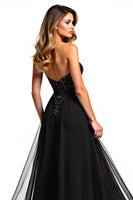 Load image into Gallery viewer, Black A Line Long Tulle Strapless Beaded Formal Dress