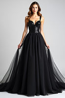 Load image into Gallery viewer, Black A Line Long Tulle Sequins Backless Formal Dress