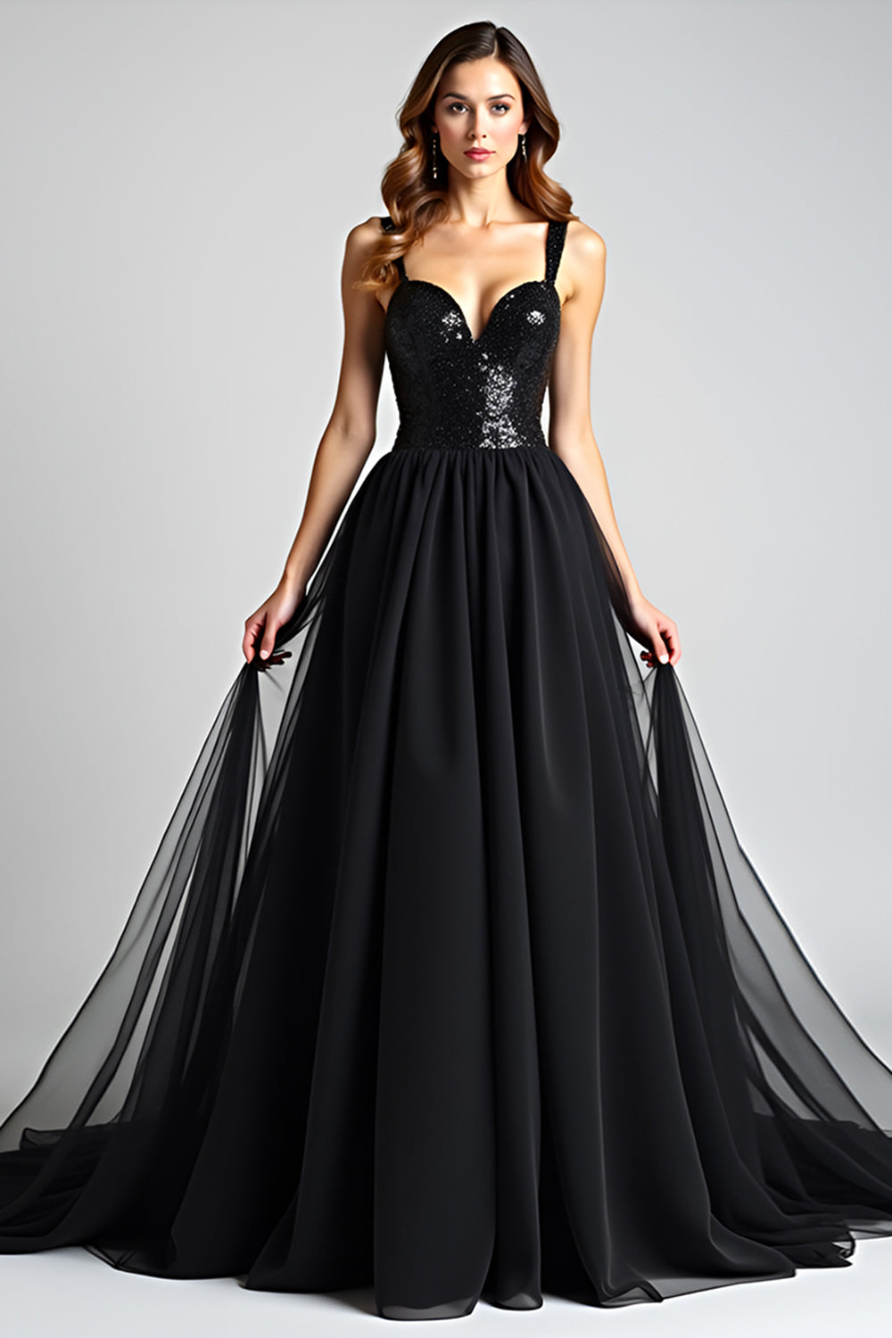 Black A Line Long Tulle Sequins Backless Formal Dress