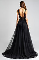 Load image into Gallery viewer, Black A Line Long Tulle Sequins Backless Formal Dress