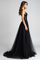 Load image into Gallery viewer, Black A Line Long Tulle Sequins Backless Formal Dress