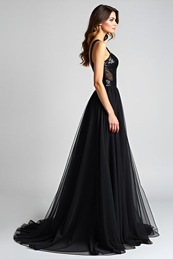 Black A Line Long Tulle Sequins Backless Formal Dress