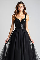 Load image into Gallery viewer, Black A Line Long Tulle Sequins Backless Formal Dress