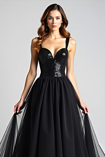 Black A Line Long Tulle Sequins Backless Formal Dress