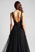 Load image into Gallery viewer, Black A Line Long Tulle Sequins Backless Formal Dress