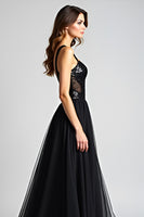 Load image into Gallery viewer, Black A Line Long Tulle Sequins Backless Formal Dress
