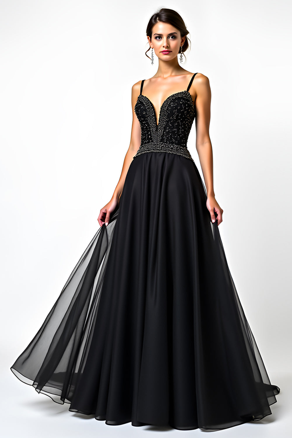 Black A Line Long Beaded Tulle V-Neck Formal Dress
