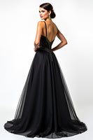 Load image into Gallery viewer, Black A Line Long Beaded Tulle V-Neck Formal Dress