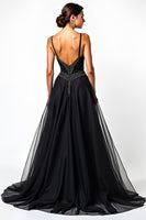 Load image into Gallery viewer, Black A Line Long Beaded Tulle V-Neck Formal Dress