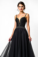 Load image into Gallery viewer, Black A Line Long Beaded Tulle V-Neck Formal Dress