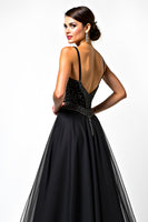 Load image into Gallery viewer, Black A Line Long Beaded Tulle V-Neck Formal Dress