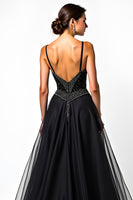 Load image into Gallery viewer, Black A Line Long Beaded Tulle V-Neck Formal Dress
