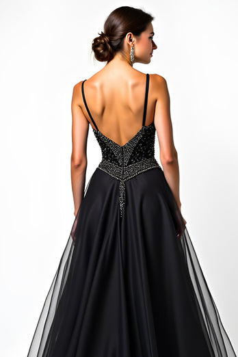 Black A Line Long Beaded Tulle V-Neck Formal Dress