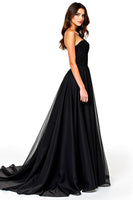 Load image into Gallery viewer, Black Sweetheart Tulle Deep V-Neck Long Graduation Dress