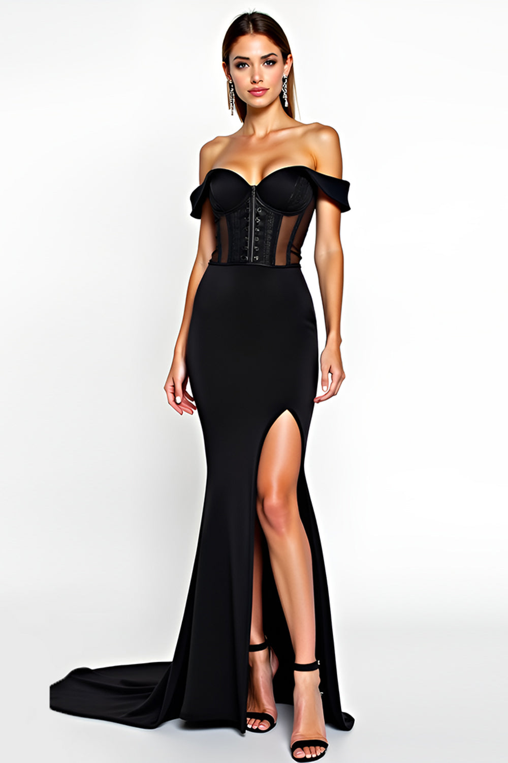 Black Mermaid Off the Shoulder Long Formal Dress with Slit