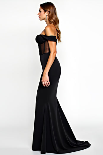 Black Mermaid Off the Shoulder Long Formal Dress with Slit