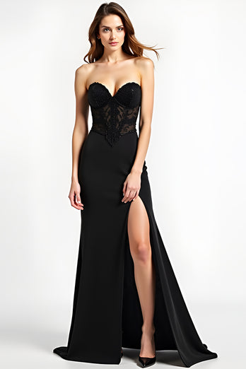 Black Sweetheart Long Appliqued Formal Dress with Slit