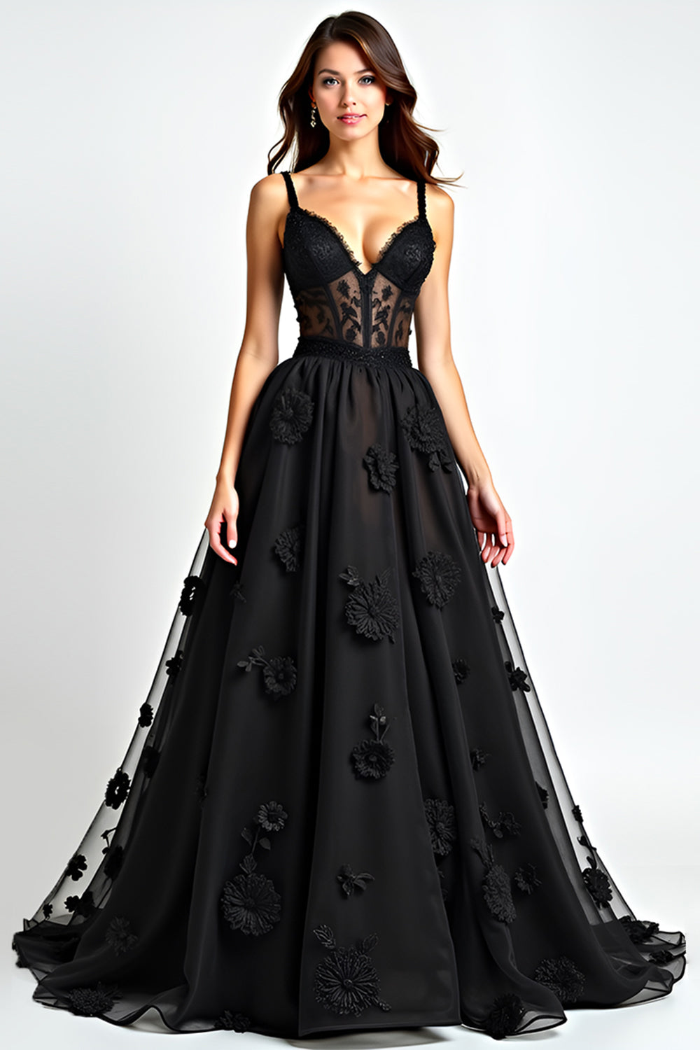 Black A Line Lace Corset Long Appliques Formal Dress
