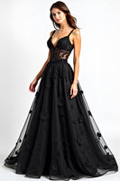Load image into Gallery viewer, Black A Line Lace Corset Long Appliques Formal Dress