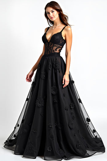 Black A Line Lace Corset Long Appliques Formal Dress