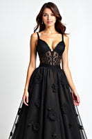 Load image into Gallery viewer, Black A Line Lace Corset Long Appliques Formal Dress