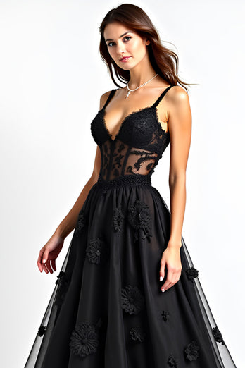 Black A Line Lace Corset Long Appliques Formal Dress