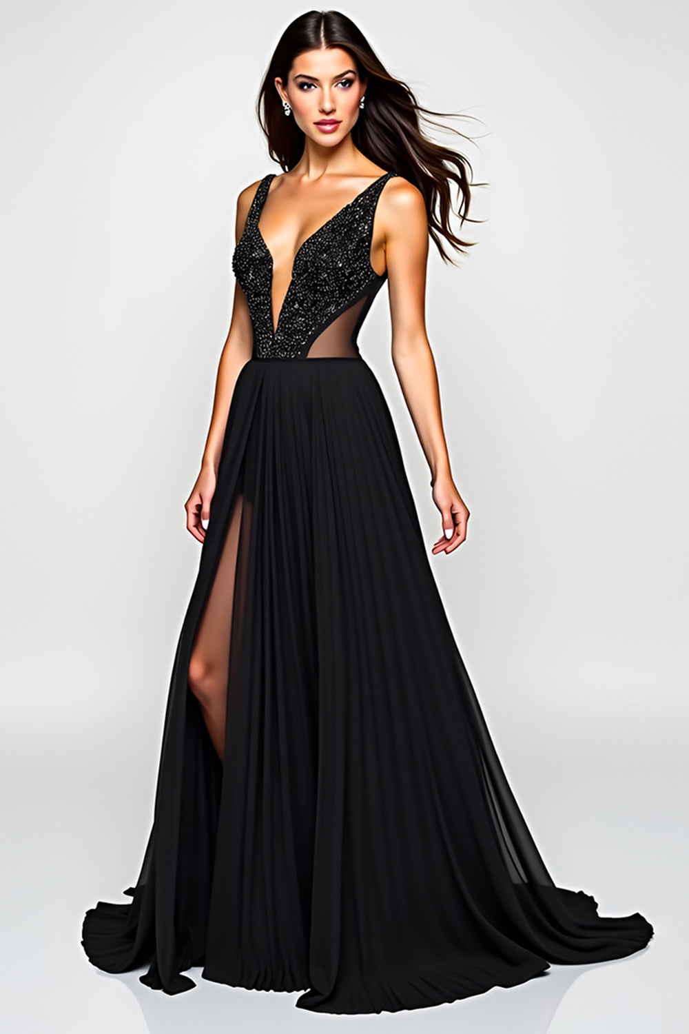 Black A Line Cut-Out Long Beaded Formal Dress with Slit