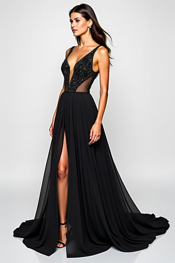 Black A Line Cut-Out Long Beaded Formal Dress with Slit