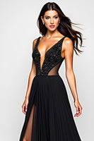 Load image into Gallery viewer, Black A Line Cut-Out Long Beaded Formal Dress with Slit