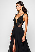 Load image into Gallery viewer, Black A Line Cut-Out Long Beaded Formal Dress with Slit