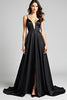 Load image into Gallery viewer, Black A Line Deep V-Neck Long Satin Formal Dress with Slit