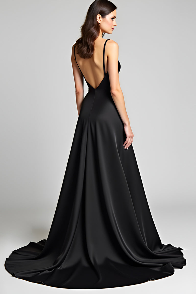 Load image into Gallery viewer, Black A Line Deep V-Neck Long Satin Formal Dress with Slit