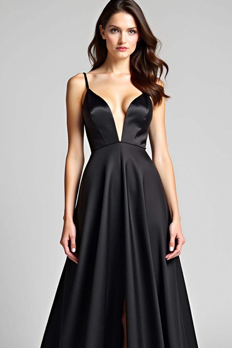 Load image into Gallery viewer, Black A Line Deep V-Neck Long Satin Formal Dress with Slit