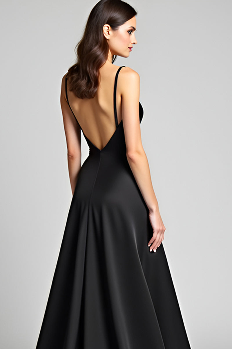 Load image into Gallery viewer, Black A Line Deep V-Neck Long Satin Formal Dress with Slit