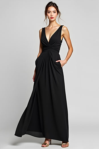 Black A Line Deep V-Neck Long Chiffon Ruched Formal Dress