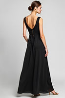 Load image into Gallery viewer, Black A Line Deep V-Neck Long Chiffon Ruched Formal Dress