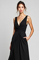Load image into Gallery viewer, Black A Line Deep V-Neck Long Chiffon Ruched Formal Dress
