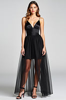 Load image into Gallery viewer, Black A Line Tulle V-Neck Long Formal Dress