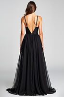 Load image into Gallery viewer, Black A Line Tulle V-Neck Long Formal Dress