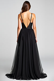 Black A Line Tulle V-Neck Long Formal Dress