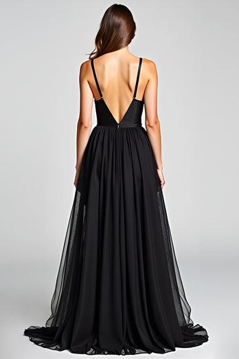 Black A Line Tulle V-Neck Long Formal Dress