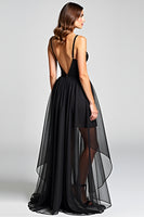 Load image into Gallery viewer, Black A Line Tulle V-Neck Long Formal Dress