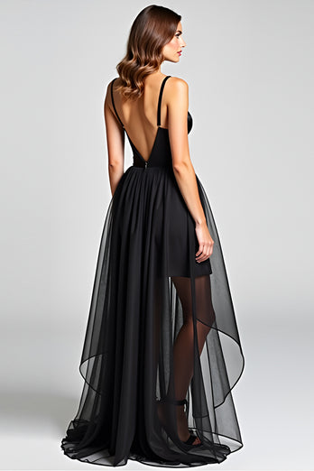 Black A Line Tulle V-Neck Long Formal Dress