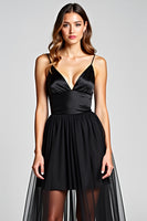 Load image into Gallery viewer, Black A Line Tulle V-Neck Long Formal Dress