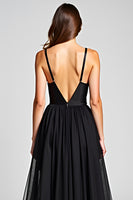 Load image into Gallery viewer, Black A Line Tulle V-Neck Long Formal Dress