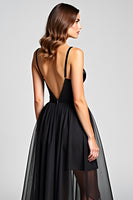Load image into Gallery viewer, Black A Line Tulle V-Neck Long Formal Dress