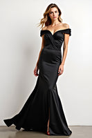 Load image into Gallery viewer, Black Mermaid Off the Shoulder Ruched Long Formal Dress