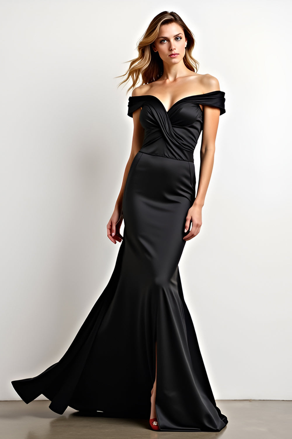 Black Mermaid Off the Shoulder Ruched Long Formal Dress